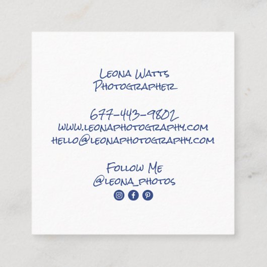 Minimale Fotografie moderner weißer Chic-Fotograf Quadratische Visitenkarte (Rückseite)
