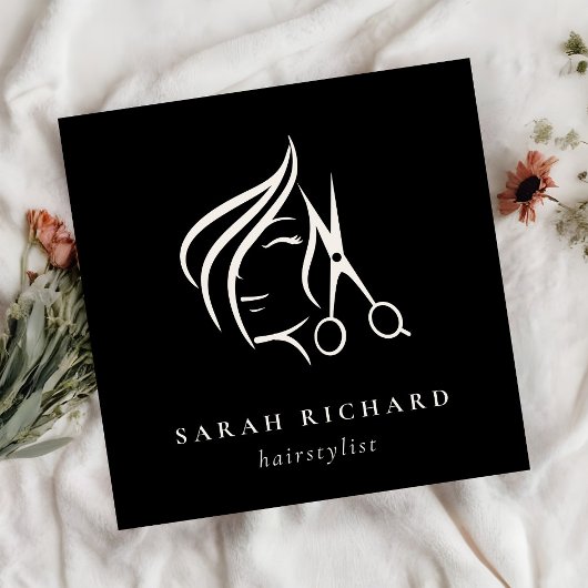 Minimale Friseurschere Schwarz/Weiß Quadratische Visitenkarte