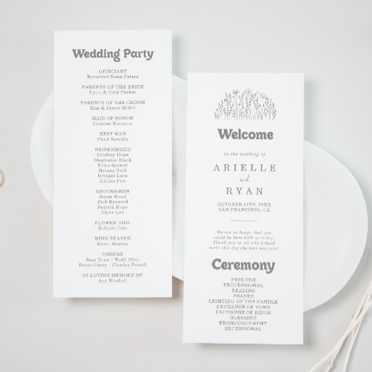 Minimale gedämpfte graue Wildblumen-Hochzeitsprogr Programm