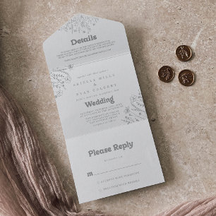 Minimale gedämpfte graue Wildblumenhochzeit     All In One Einladung