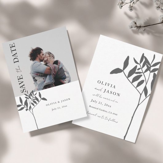 Minimale graue und weiße Foto-Botanik-Save-the-Dat Save The Date