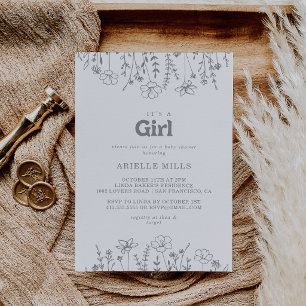 Minimale graue Wildblumen It's A Girl Babyparty Einladung