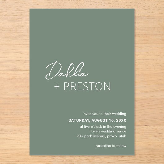 Minimale Größe Grün Moderne Hochzeit Acryleinladungen (Vorderseite)