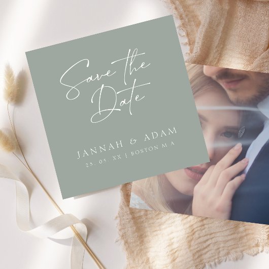 Minimale Größe Grün Skripttypografie Foto Hochzeit Save The Date