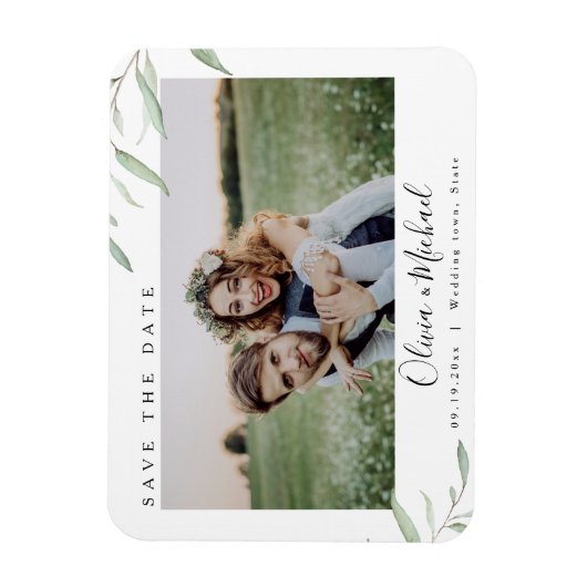 Minimale Grün Foto Hochzeit speichern das Datum Magnet (Vertikal)