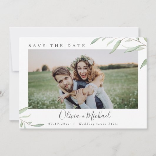 Minimale Grün Foto Hochzeit speichern Sie das Datu Einladung (Vorderseite)