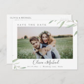 Minimale Grün Foto Hochzeit speichern Sie das Datu Postkarte (Vorne/Hinten)