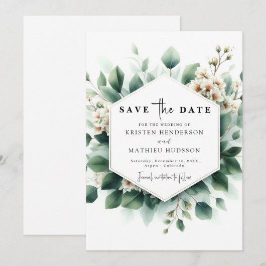 Minimale grüne Eukalyptus Digital Wedding Save The Date (Vorne/Hinten)