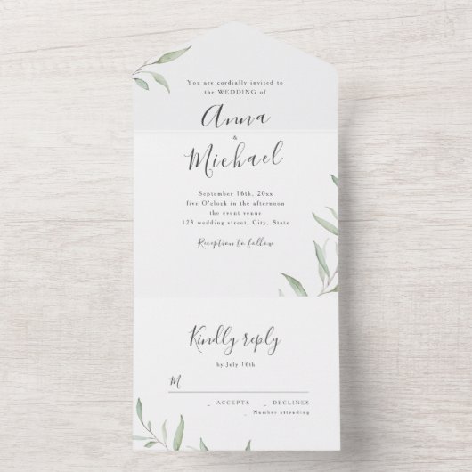 Minimale grüne Kalligraphie rustikale Hochzeit All In One Einladung (Innen Boden)