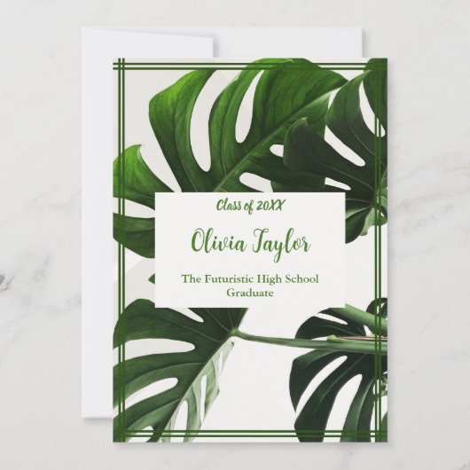 Minimale grüne Neon Tropical Palm Graduation Party Einladung (Rückseite)