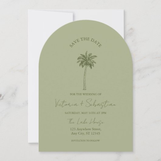 Minimale grüne Palme Strand Save The Date Einladung (Vorderseite)