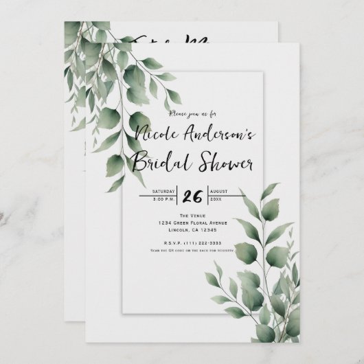 Minimale Grünflächen Blätter Modernes Weißes Braut Einladung (Vorne/Hinten)