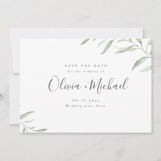 Minimale Grünflächen, einfache Kalligraphie Save t Save The Date (Vorderseite)