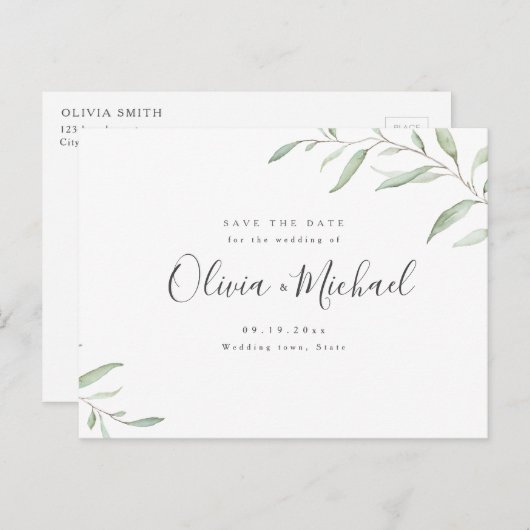 Minimale Grünkalligraphie Save the Date rustikal Ankündigungspostkarte (Vorne/Hinten)