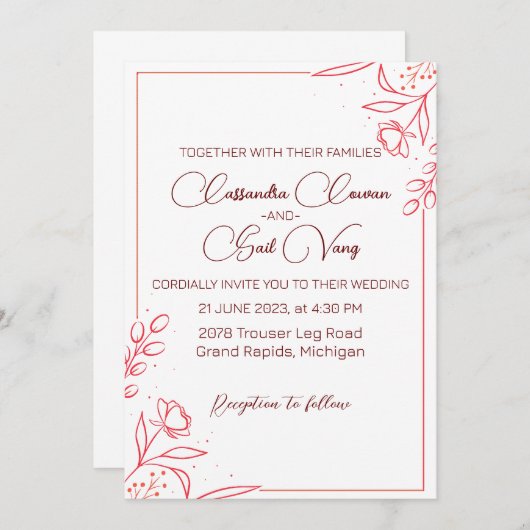 Minimale handgezogene Hochzeit Einladung (Vorne/Hinten)