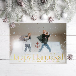Minimale Happy Hanukkah-Feiertagsfoto Goldfolie Folien Feiertagskarte