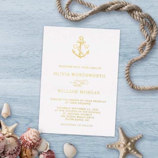 Minimale Hochzeit des Nautical Anchor Monogram Folieneinladung