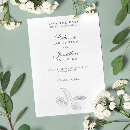 Minimale Hochzeit mit tropischem Leaf retten das D Einladung