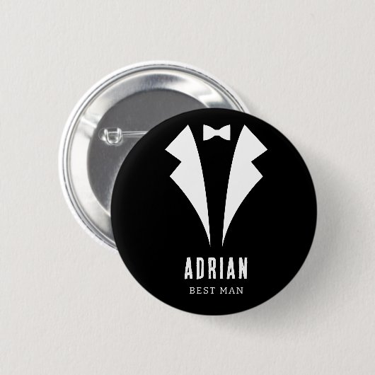 Minimale Hochzeit Trauzeuge Name Schwarzer Smoking Button (Vorne & Hinten)