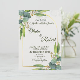 Minimale Hochzeitseinladung mit Grün Goldener Boge Einladung