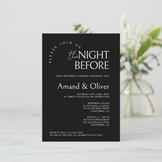 Minimale HochzeitsplanungDie Nacht vor der Probe Einladung (Stehend Vorderseite)