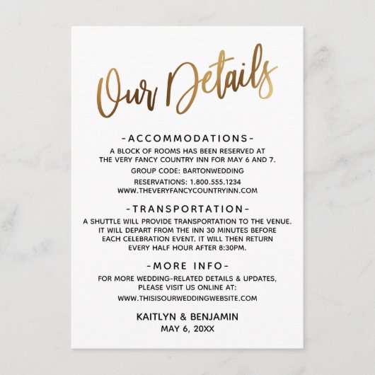 Minimale Imitate Gold Typografie Unsere Details Begleitkarte (Vorderseite)
