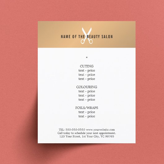 Minimale Imitate Gold White Scissor Friseurmenü Flyer
