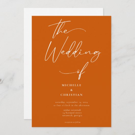 Minimale Kalligrafie Script Burnt Orange Wedding Einladung (Vorne/Hinten)