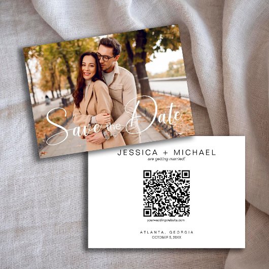 Minimale Kalligrafie-Script-Foto mit QR-Code Save The Date