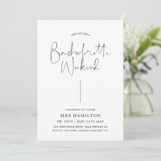 Minimale Kalligraphie Bachelorette Wochenende Einladung (Stehend Vorderseite)
