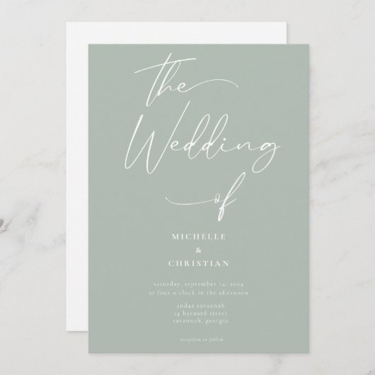 Minimale Kalligraphie, Solid Light Sage Wedding Einladung (Vorne/Hinten)
