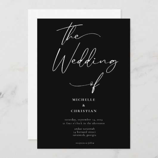 Minimale Kalligraphie Solid White Black Wedding Einladung (Vorne/Hinten)