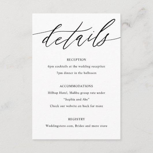 Minimale kalligraphische Hochzeitdetails Begleitkarte (Vorderseite)