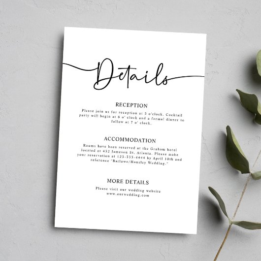 Minimale kalligraphische Hochzeitdetails Begleitkarte