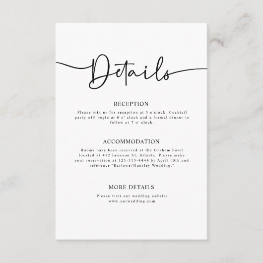 Minimale kalligraphische Hochzeitdetails Begleitkarte (Vorderseite)