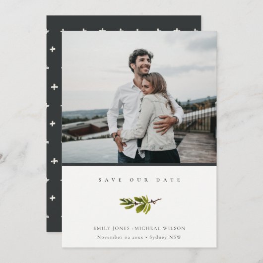 Minimale Kiefernzweig Foto Save the Date einladen Dankeskarte (Vorne/Hinten)