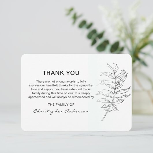 Minimale klassische Schwarz-Weiß-Beerdigung Dankeskarte (Stehend Vorderseite)