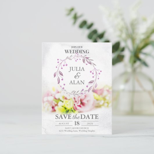 Minimale Kranzflorale Save the Date Hochzeit Postkarte (Stehend Vorderseite)