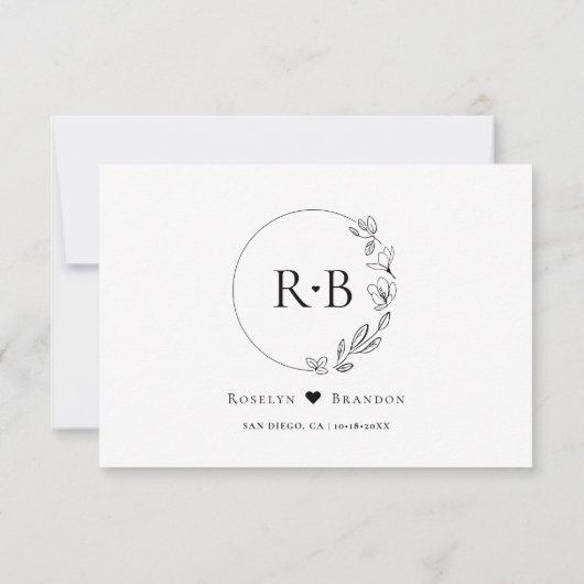 Minimale Kranzmonogramm Schwarz-Weiß Hochzeit RSVP Karte (Rückseite)