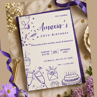 Minimale Kritzel-Moderne-Handgezeichnete-Birthday- Einladung