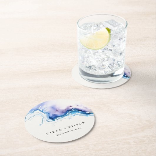 Minimale Küstenmeer-Strand-Watercolor-Hochzeit Runder Pappuntersetzer (Vor Ort)