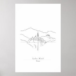 Minimale Lake Bled-Linienkunst | Slowenischer See Poster