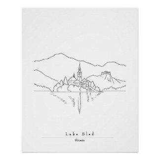 Minimale Lake Bled-Linienkunst | Slowenischer See Poster