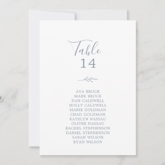 Minimale Leaf Blue Tischnummer Seating Chart Cards (Vorderseite)