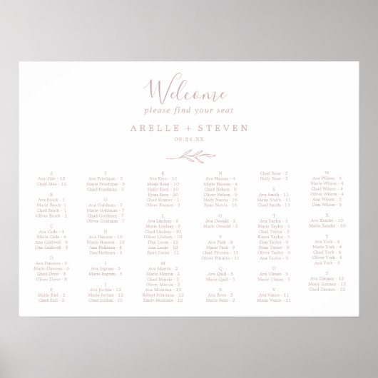 Minimale Leaf Blush Pink Alphabetical Seating Char Poster (Vorne)