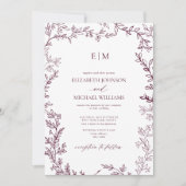 Minimale Leaf Burgundy Elegant Monogram Wedding Einladung (Vorderseite)