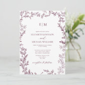 Minimale Leaf Burgundy Elegant Monogram Wedding Einladung (Stehend Vorderseite)
