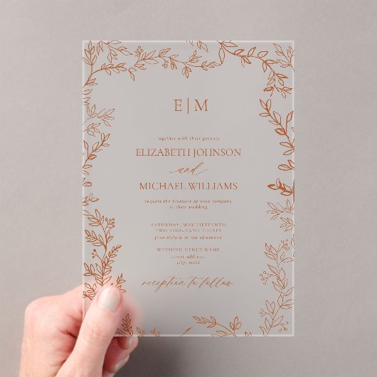 Minimale Leaf Burnt Orange Elegant Monogram Weddin Acryleinladungen (Insitu (Handheld))