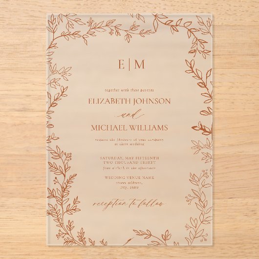 Minimale Leaf Burnt Orange Elegant Monogram Weddin Acryleinladungen (Vorderseite)