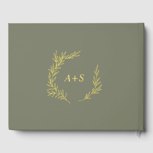 Minimale Leaf Dunkelgrüne Gold Foil Monogramm Hoch Gästebuch (Rückseite)